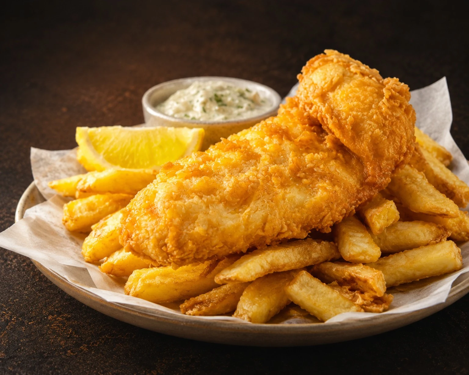Fish and chips with lemon and tartare sauce